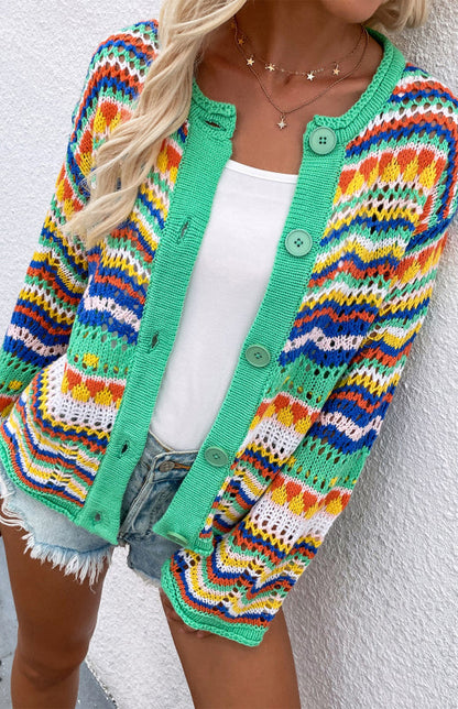 Sweaters- Rainbow Crochet Button-down Sweater- - Pekosa Women Clothing