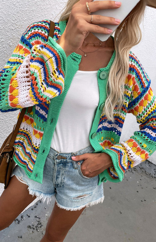 Sweaters- Rainbow Crochet Button-down Sweater- - Pekosa Women Clothing