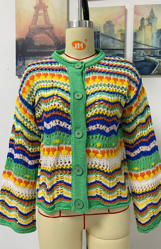 Sweaters- Rainbow Crochet Button-down Sweater- - Pekosa Women Clothing