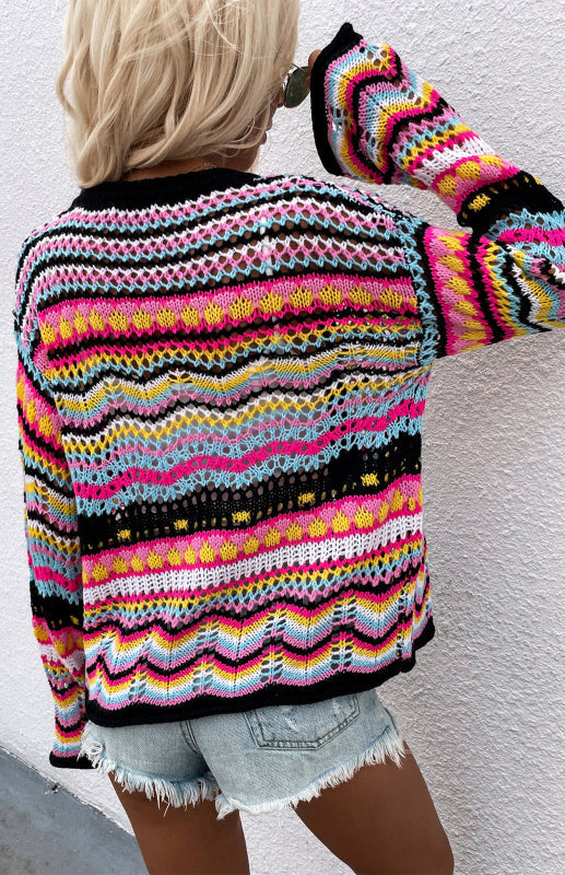 Sweaters- Rainbow Crochet Button-down Sweater- - Pekosa Women Clothing