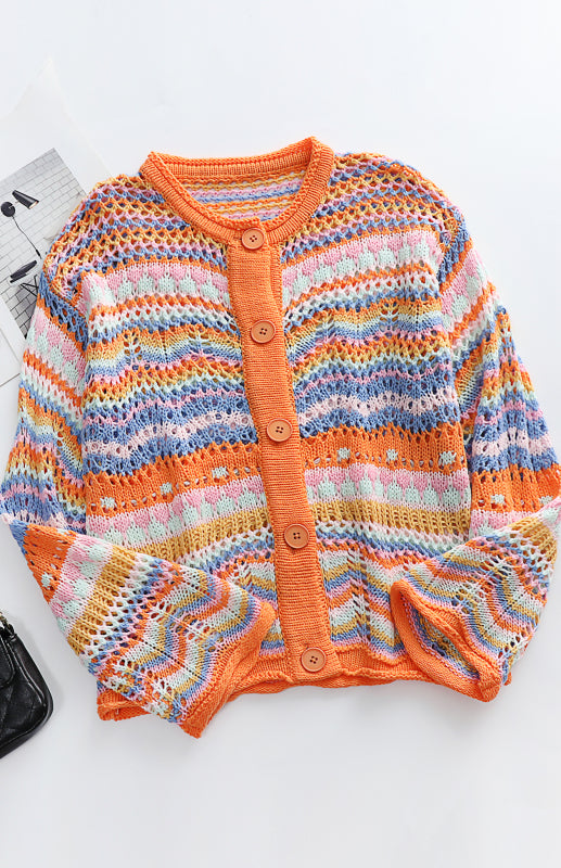 Sweaters- Rainbow Crochet Button-down Sweater- - Pekosa Women Clothing