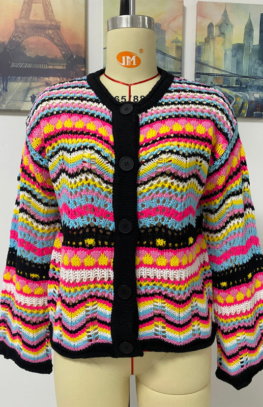 Sweaters- Rainbow Crochet Button-down Sweater- - Pekosa Women Clothing