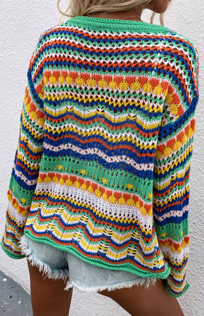 Sweaters- Rainbow Crochet Button-down Sweater- - Pekosa Women Clothing