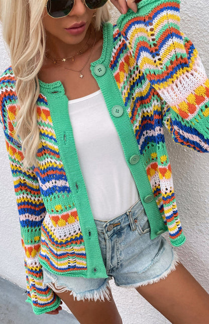 Sweaters- Rainbow Crochet Button-down Sweater- - Pekosa Women Clothing