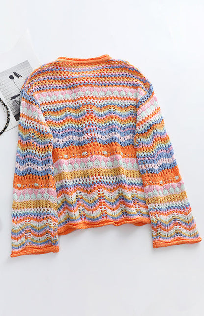 Sweaters- Rainbow Crochet Button-down Sweater- - Pekosa Women Clothing