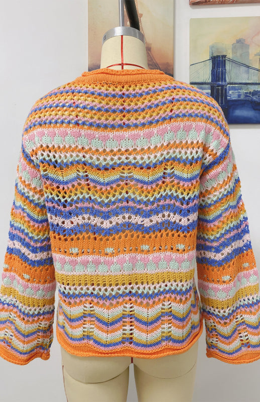 Sweaters- Rainbow Crochet Button-down Sweater- - Pekosa Women Clothing