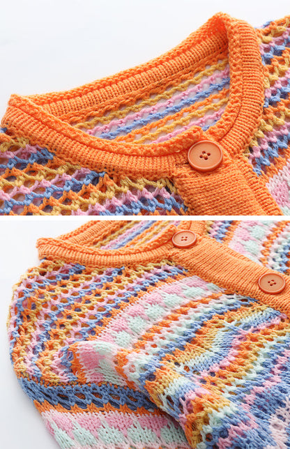 Sweaters- Rainbow Crochet Button-down Sweater- - Pekosa Women Clothing