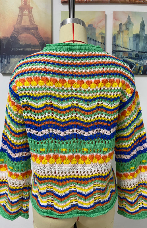 Sweaters- Rainbow Crochet Button-down Sweater- - Pekosa Women Clothing