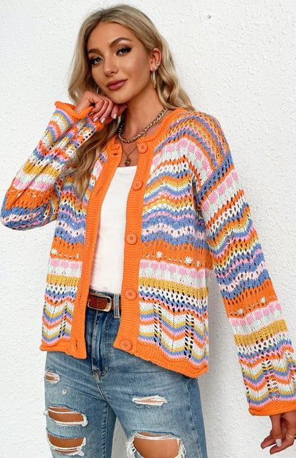 Sweaters- Rainbow Crochet Button-down Sweater- - Pekosa Women Clothing