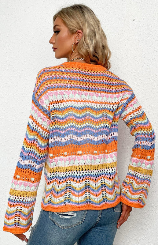 Sweaters- Rainbow Crochet Button-down Sweater- - Pekosa Women Clothing