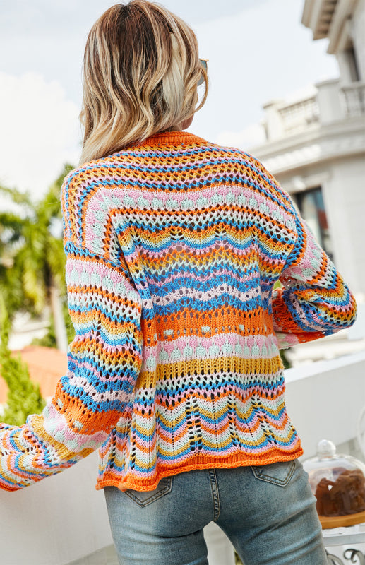 Sweaters- Rainbow Crochet Button-down Sweater- - Pekosa Women Clothing