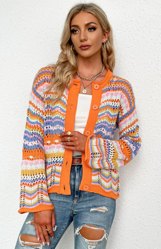 Sweaters- Rainbow Crochet Button-down Sweater- - Pekosa Women Clothing