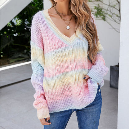 Sweaters- Rainbow Knitted V-Neck Sweater- - Pekosa Women Clothing