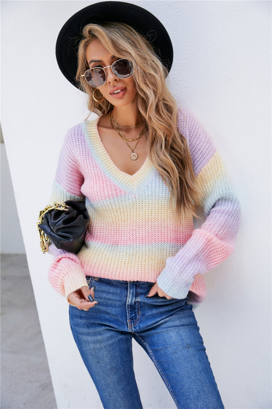 Sweaters- Rainbow Knitted V-Neck Sweater- Pink- Pekosa Women Clothing