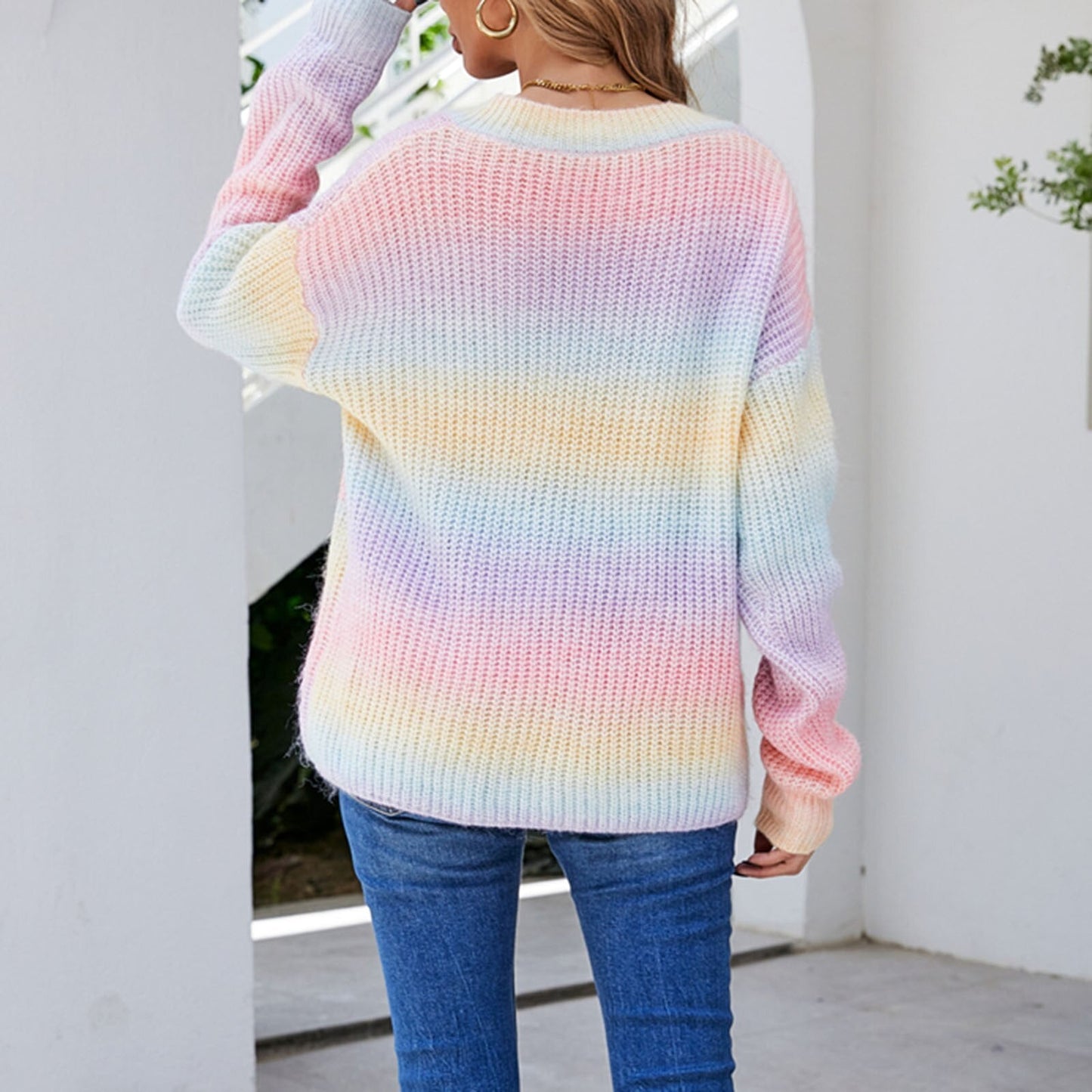 Sweaters- Rainbow Knitted V-Neck Sweater- - Pekosa Women Clothing