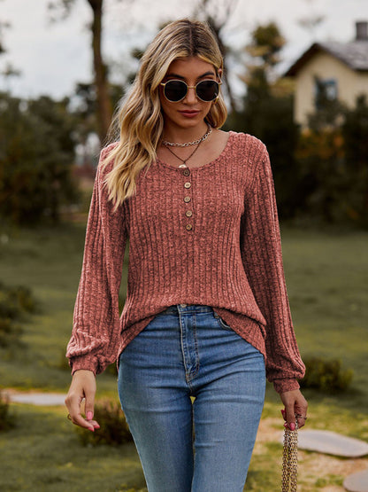 Sweaters- Rib-Knit Half-Button Scoop Neck T-shirt Sweater- - Pekosa Women Clothing