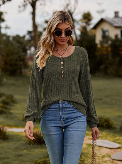 Sweaters- Rib-Knit Half-Button Scoop Neck T-shirt Sweater- Green- Pekosa Women Clothing