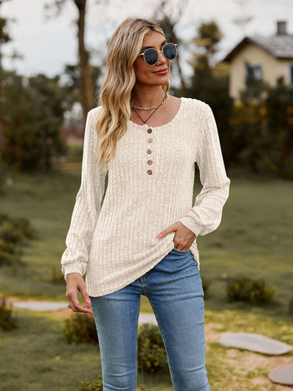 Sweaters- Rib-Knit Half-Button Scoop Neck T-shirt Sweater- Beige- Pekosa Women Clothing