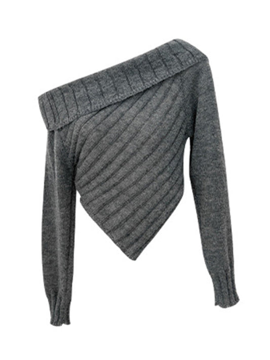Sweaters- Ribbed Knit Off Shoulder Crop Sweater- Grey- Pekosa Women Clothing