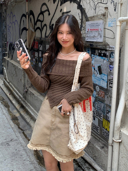 Sweaters- Ribbed Knit Off Shoulder Crop Sweater- Coffee- Pekosa Women Clothing