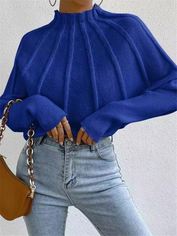 Sweaters- Ribbed Knit Stand Collar Sweater, Ideal for Chilly Days- Blue- Pekosa Women Clothing