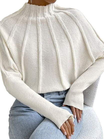 Sweaters- Ribbed Knit Stand Collar Sweater, Ideal for Chilly Days- - Pekosa Women Clothing