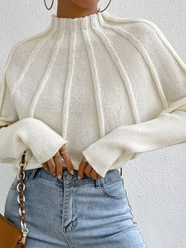 Sweaters- Ribbed Knit Stand Collar Sweater, Ideal for Chilly Days- Cream- Pekosa Women Clothing