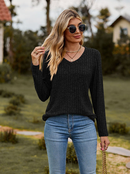 Sweaters- Ribbed Knit V-Neck T-Shirt Sweater- Black- Pekosa Women Clothing