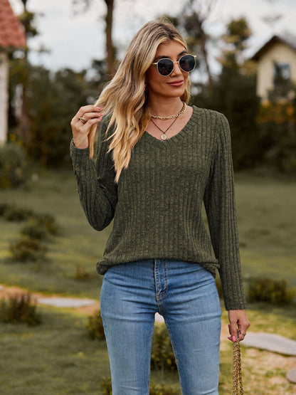 Sweaters- Ribbed Knit V-Neck T-Shirt Sweater- Green- Pekosa Women Clothing