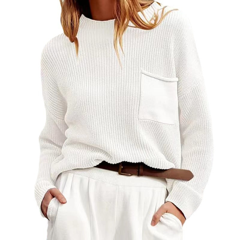 Sweaters- Ribbed Knitted Crewneck Sweater Jumper with Patch Pocket- White- Pekosa Women Clothing