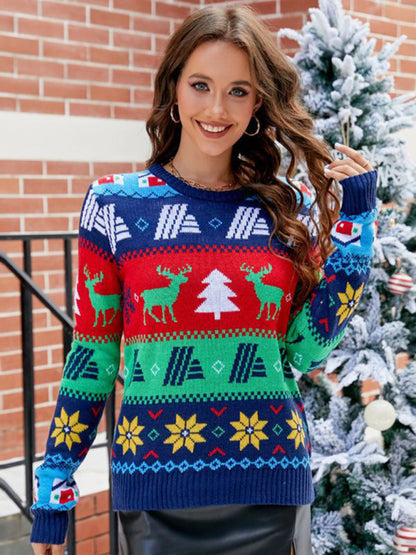 Sweaters- Rudolph Reindeer Christmas Knitted Round Neck Sweater- - Pekosa Women Clothing