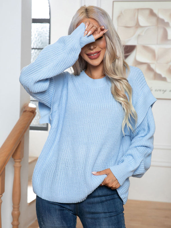 Sweaters- Ruffle Appeal Autumn/Winter Knit Sweater- Blue- Pekosa Women Clothing