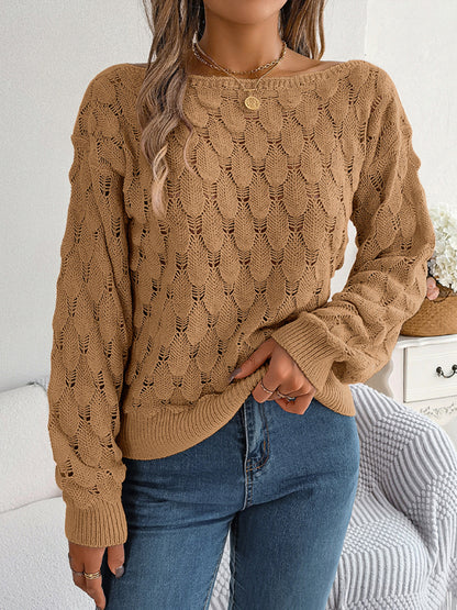 Sweaters- Semi Open-Knit Boatneck Sweater for Autumn- - Pekosa Women Clothing