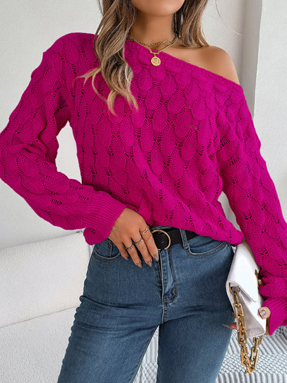 Sweaters- Semi Open-Knit Boatneck Sweater for Autumn- Rose- Pekosa Women Clothing