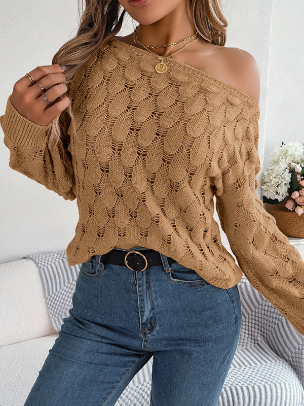 Sweaters- Semi Open-Knit Boatneck Sweater for Autumn- - Pekosa Women Clothing