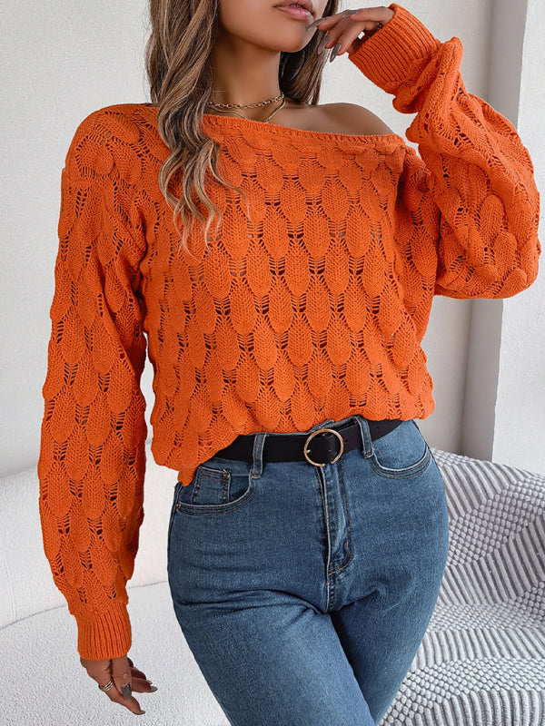 Sweaters- Semi Open-Knit Boatneck Sweater for Autumn- - Pekosa Women Clothing