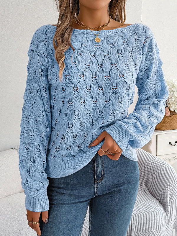 Sweaters- Semi Open-Knit Boatneck Sweater for Autumn- - Pekosa Women Clothing