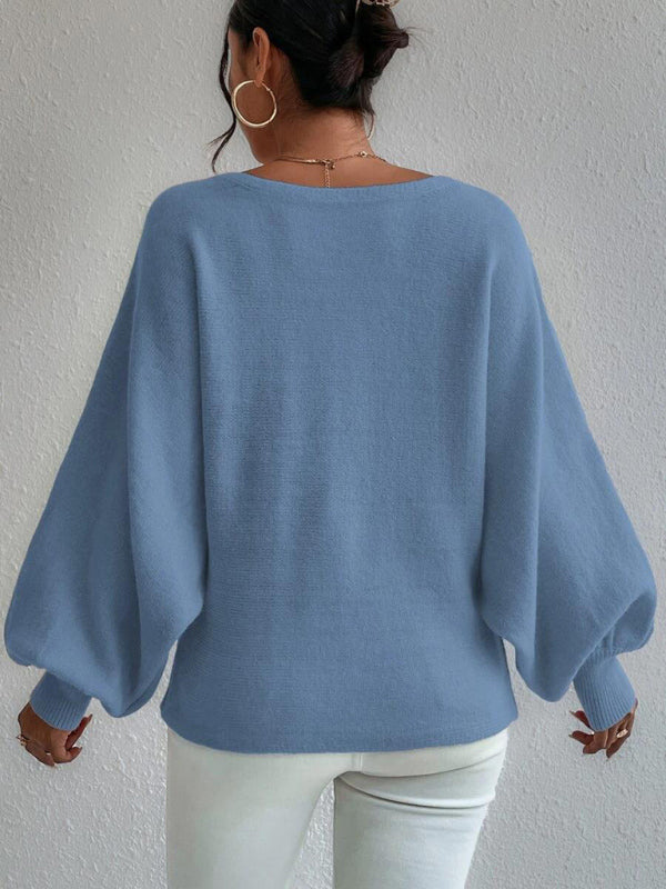 Sweaters- Slouchy Boatneck Balloon Sleeve Abstract Knit Sweater Jumper- - Pekosa Women Clothing