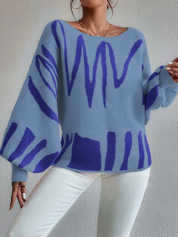 Sweaters- Slouchy Boatneck Balloon Sleeve Abstract Knit Sweater Jumper- - Pekosa Women Clothing