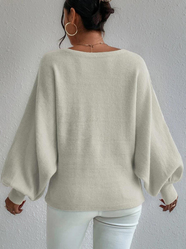 Sweaters- Slouchy Boatneck Balloon Sleeve Abstract Knit Sweater Jumper- - Pekosa Women Clothing