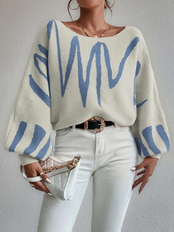 Sweaters- Slouchy Boatneck Balloon Sleeve Abstract Knit Sweater Jumper- - Pekosa Women Clothing