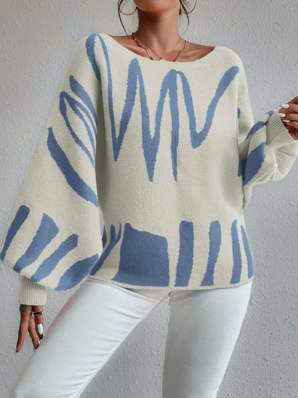 Sweaters- Slouchy Boatneck Balloon Sleeve Abstract Knit Sweater Jumper- - Pekosa Women Clothing