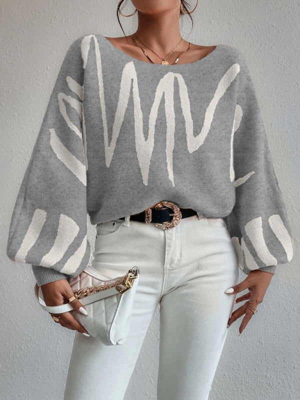 Sweaters- Slouchy Boatneck Balloon Sleeve Abstract Knit Sweater Jumper- - Pekosa Women Clothing