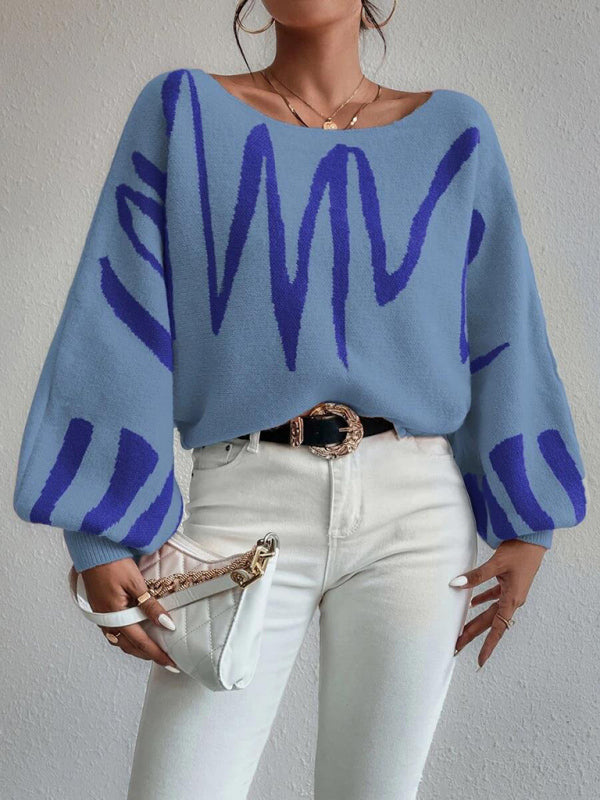 Sweaters- Slouchy Boatneck Balloon Sleeve Abstract Knit Sweater Jumper- Blue- Pekosa Women Clothing