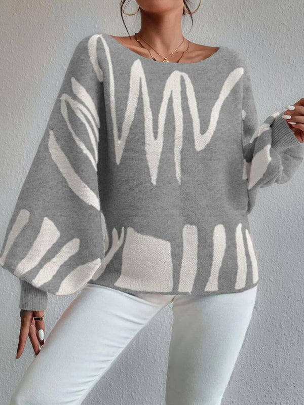 Sweaters- Slouchy Boatneck Balloon Sleeve Abstract Knit Sweater Jumper- - Pekosa Women Clothing