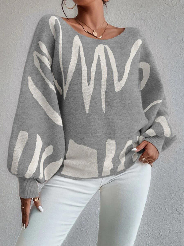 Sweaters- Slouchy Boatneck Balloon Sleeve Abstract Knit Sweater Jumper- - Pekosa Women Clothing