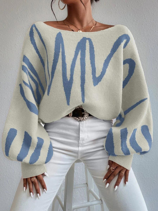 Sweaters- Slouchy Boatneck Balloon Sleeve Abstract Knit Sweater Jumper- Cracker khaki- Pekosa Women Clothing