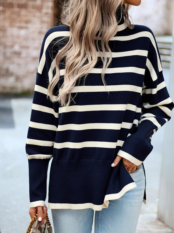 Sweaters- Slouchy Striped Drop Shoulder Turtleneck Sweater- - Pekosa Women Clothing