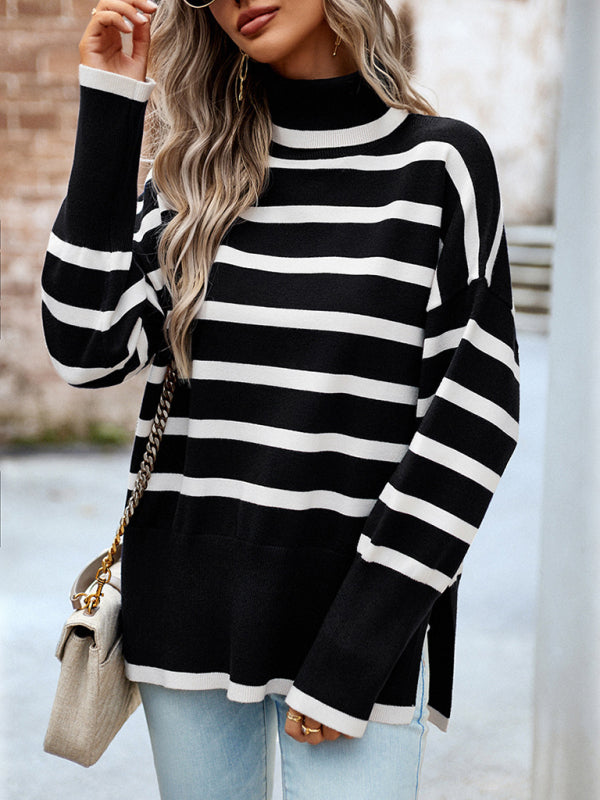 Sweaters- Slouchy Striped Drop Shoulder Turtleneck Sweater- - Pekosa Women Clothing