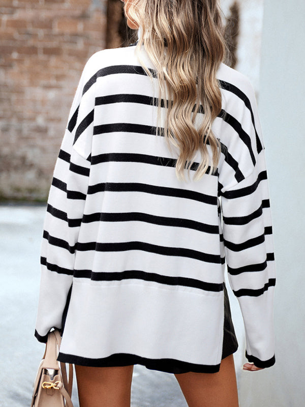 Sweaters- Slouchy Striped Drop Shoulder Turtleneck Sweater- - Pekosa Women Clothing